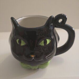 Harbor Black Cat Green Eyes & Bow Tie Halloween Mug -New